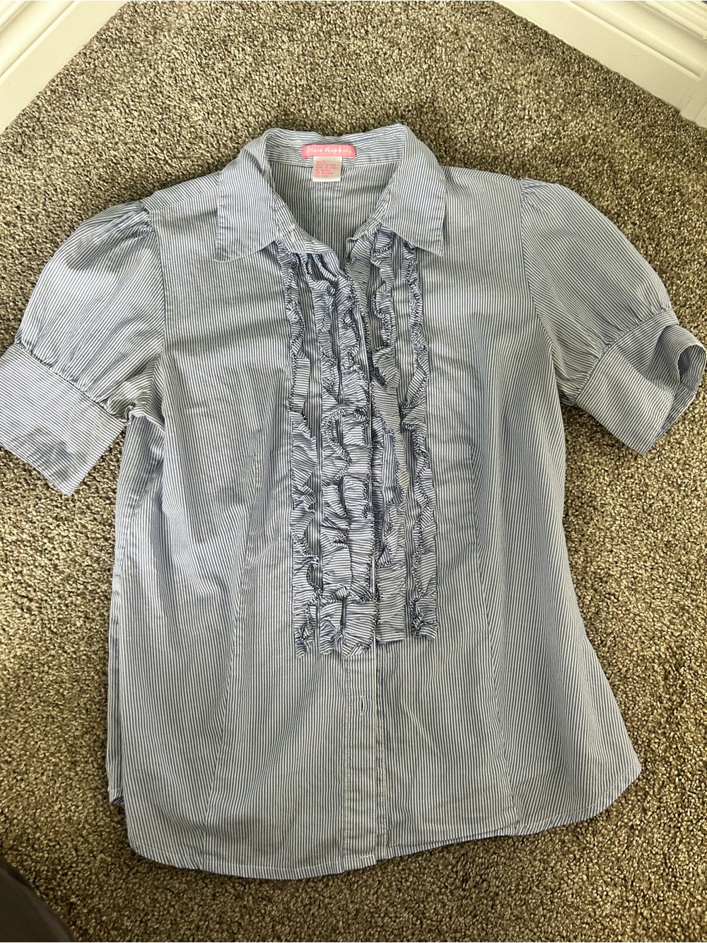 Blue Striped Ruffle-Front Short Sleeve Button-Down Shirt - Picture 3 of 5